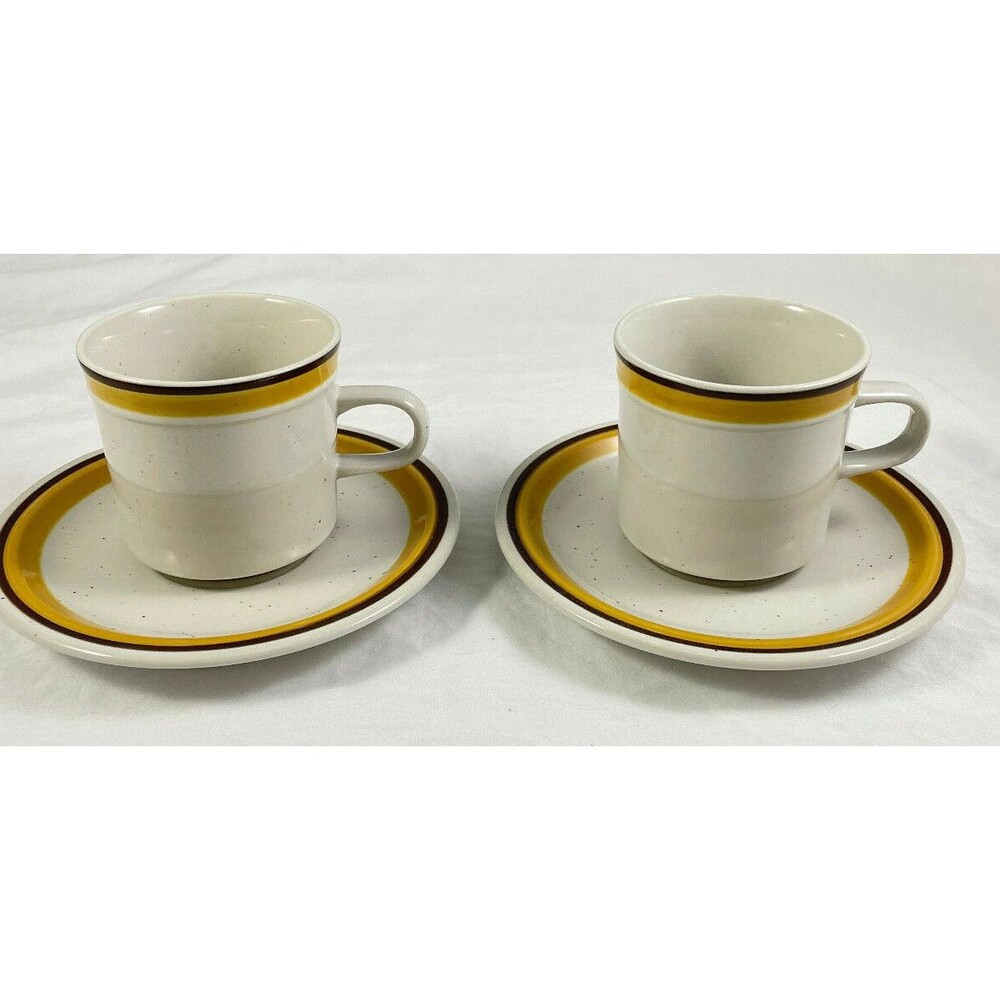 Haniwa Nassau Tea Cup w/ Saucers MCM Set of 2 Vintage Japan Yellow Retro